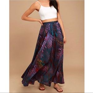 Free People True to You Navy Blue Zebra Print Maxi Skirt Pull on Tassels (M)
